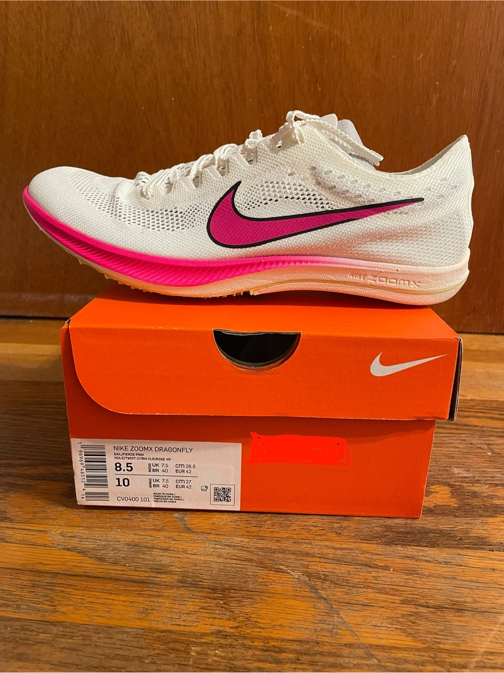 Nike ZoomX Dragonfly White Racing Spikes w/ Pink Swoosh NIB W 10 M 8.5